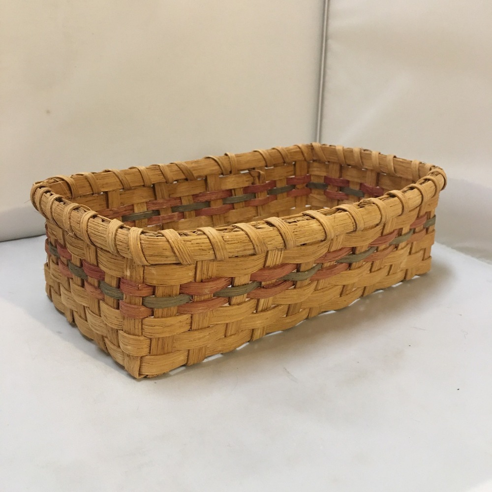 Handmade Woven Splint Basket Home Decor Natural Red Green 1992 Artisan Vintage